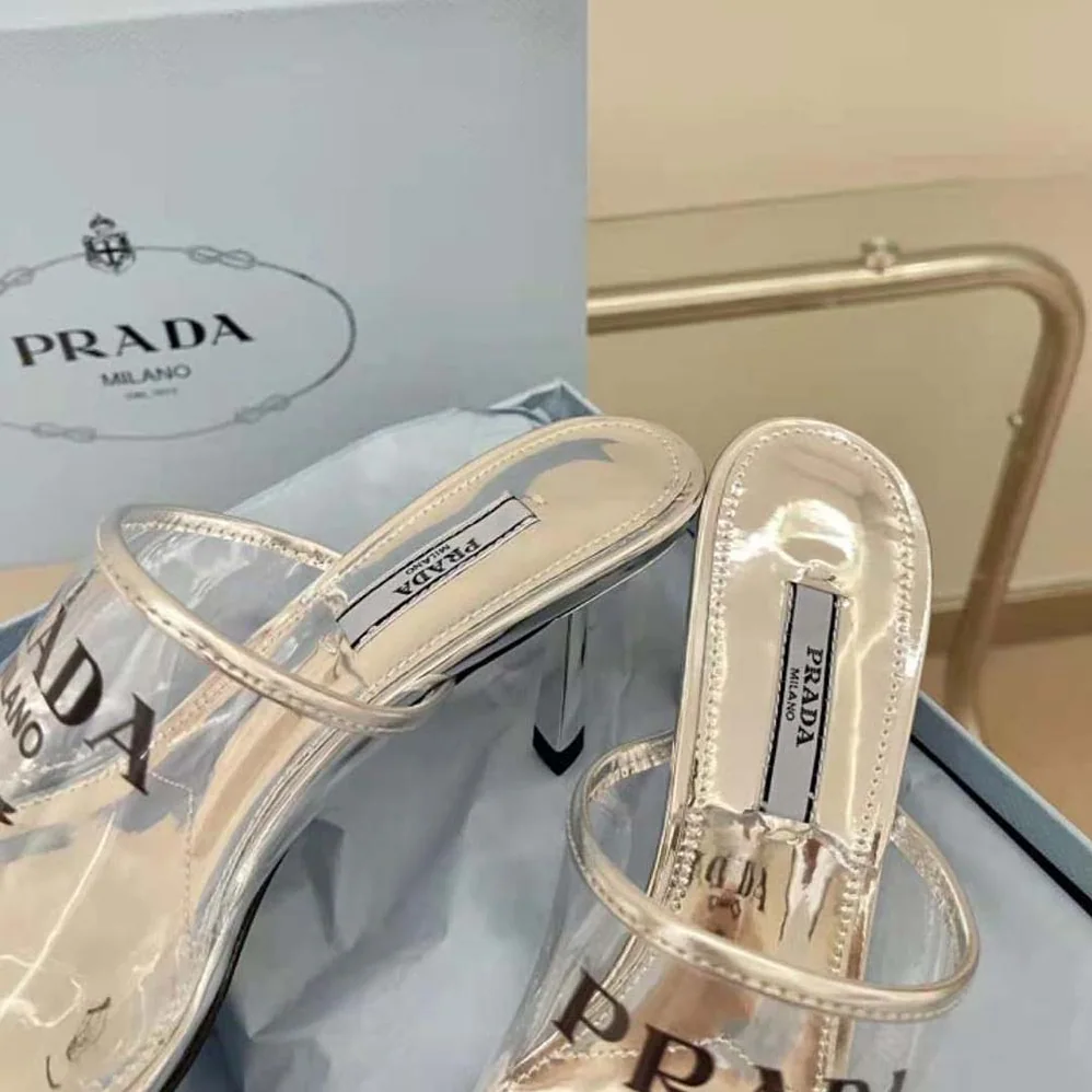 Prada Logo-print Plexiglas High-Heel Slides in 75mm Heel Height for Women Prada Logo-print Plexiglas High-Heel Slides in 75mm Heel Height for Women