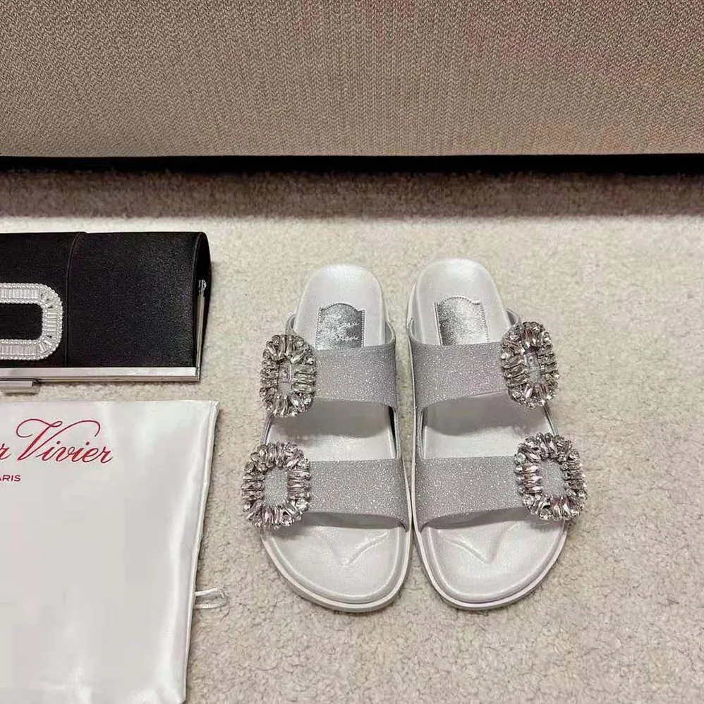 Roger Vivier Slidy Viv Strass Buckle Sandals in Fabric for Women in Gray Roger Vivier Slidy Viv Strass Buckle Sandals in Fabric for Women in Gray