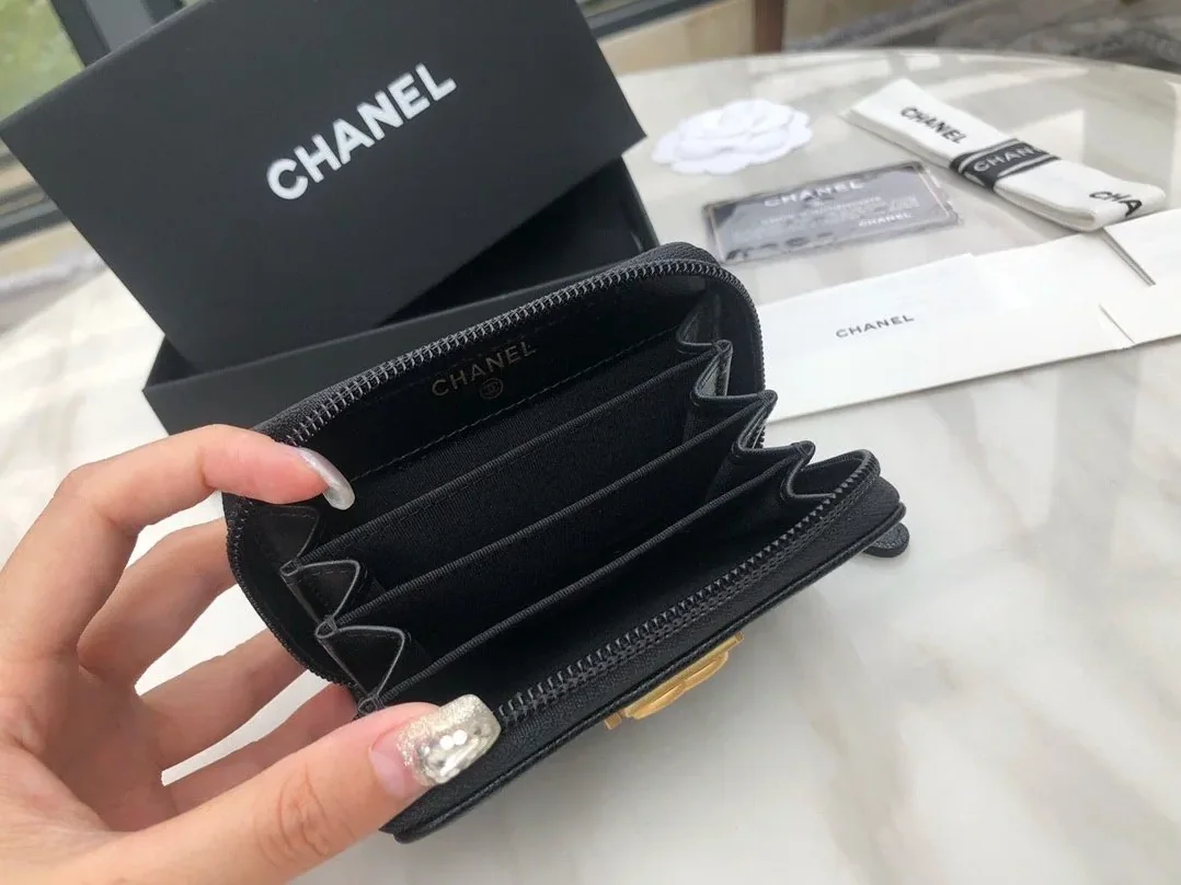 Chanel CO-CO Boy Chanel Zipped Coin Purse in Gold Toned Hardware Black
