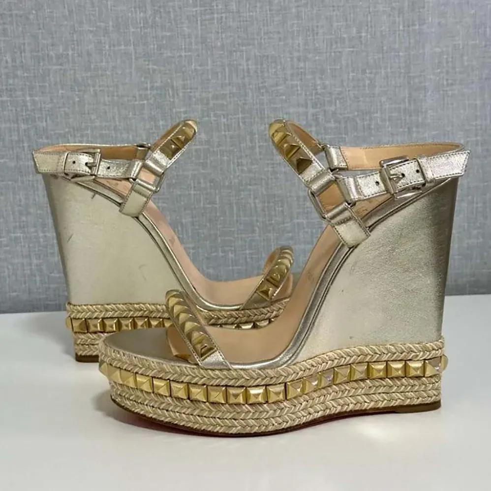 Christian Louboutin Platine Leather Calf Leather/Studded Cataclou 140 Platform Espadrille for Women Christian Louboutin Platine Leather Calf Leather/Studded Cataclou 140 Platform Espadrille for Women