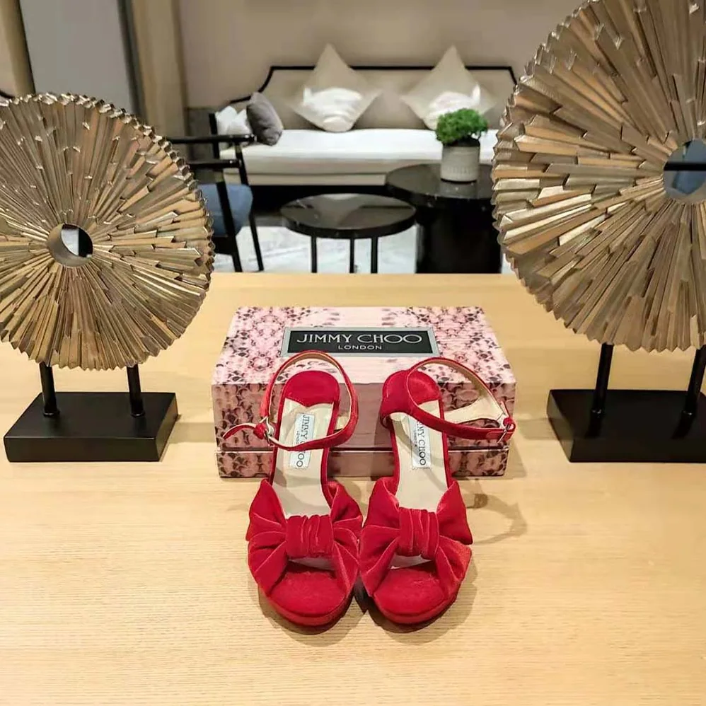 Jimmy Choo Heloise 120 Red Velvet Platform Sandals for Women