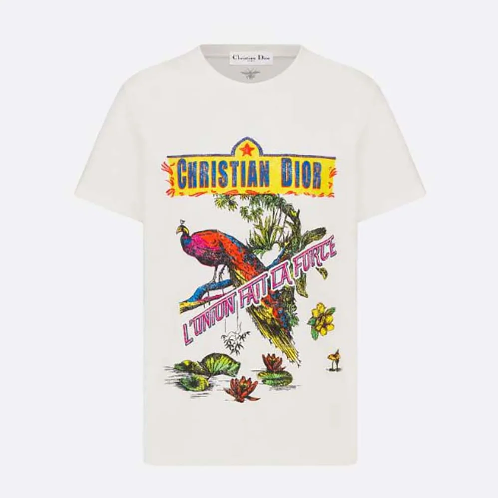 Dior T-shirt White Cotton and Linen Jersey with Multicolor Indian Animals Peacock Motif for Men
