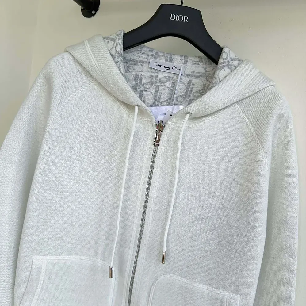 Dior Hooded Track Jacket White Cotton Knit and Cashmere for Women Dior Hooded Track Jacket White Cotton Knit and Cashmere for Women