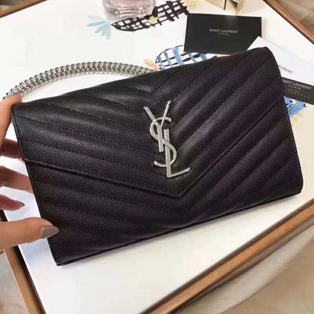 Saint Laurent Monogram Chain Wallet Grain De Poudre Embossed in Silver