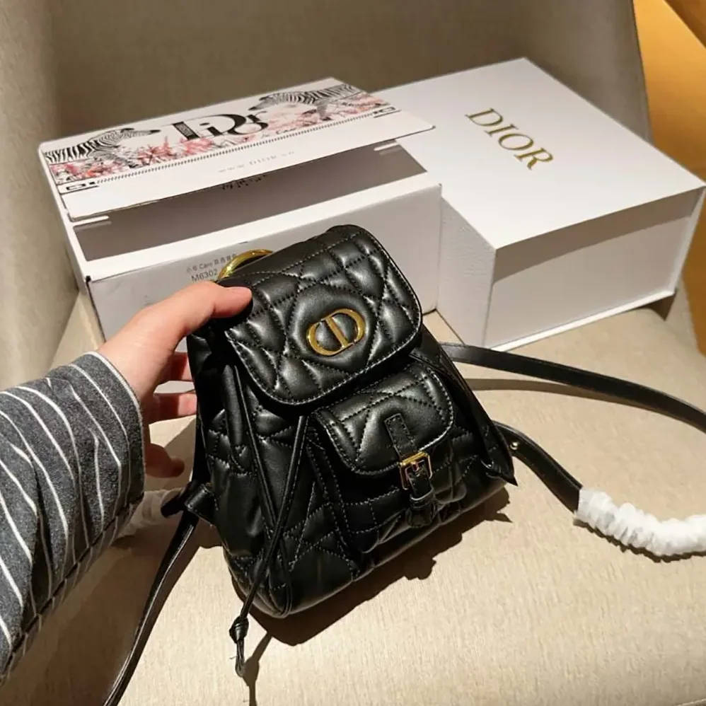 Dior Small Dior Caro Backpack Black Macrocannage Lambskin for Women