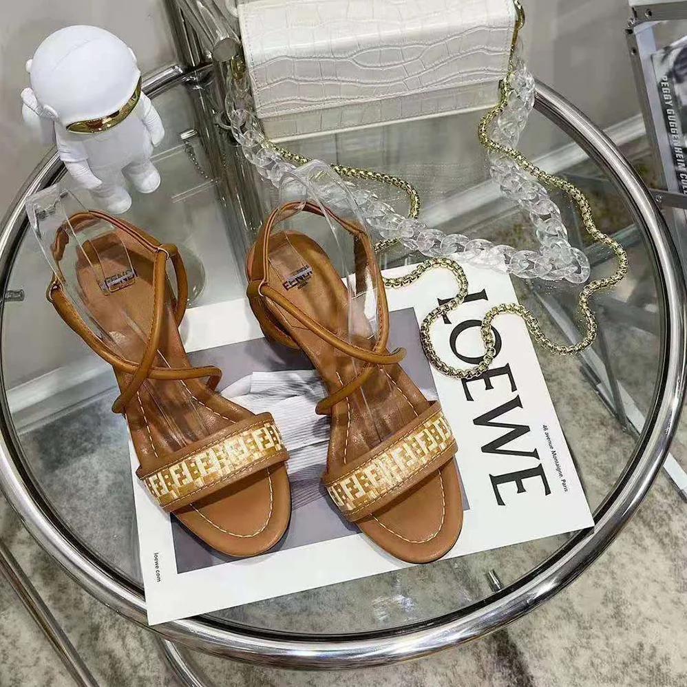 Fendi FF Interlace Brown Leather Sandals for Women