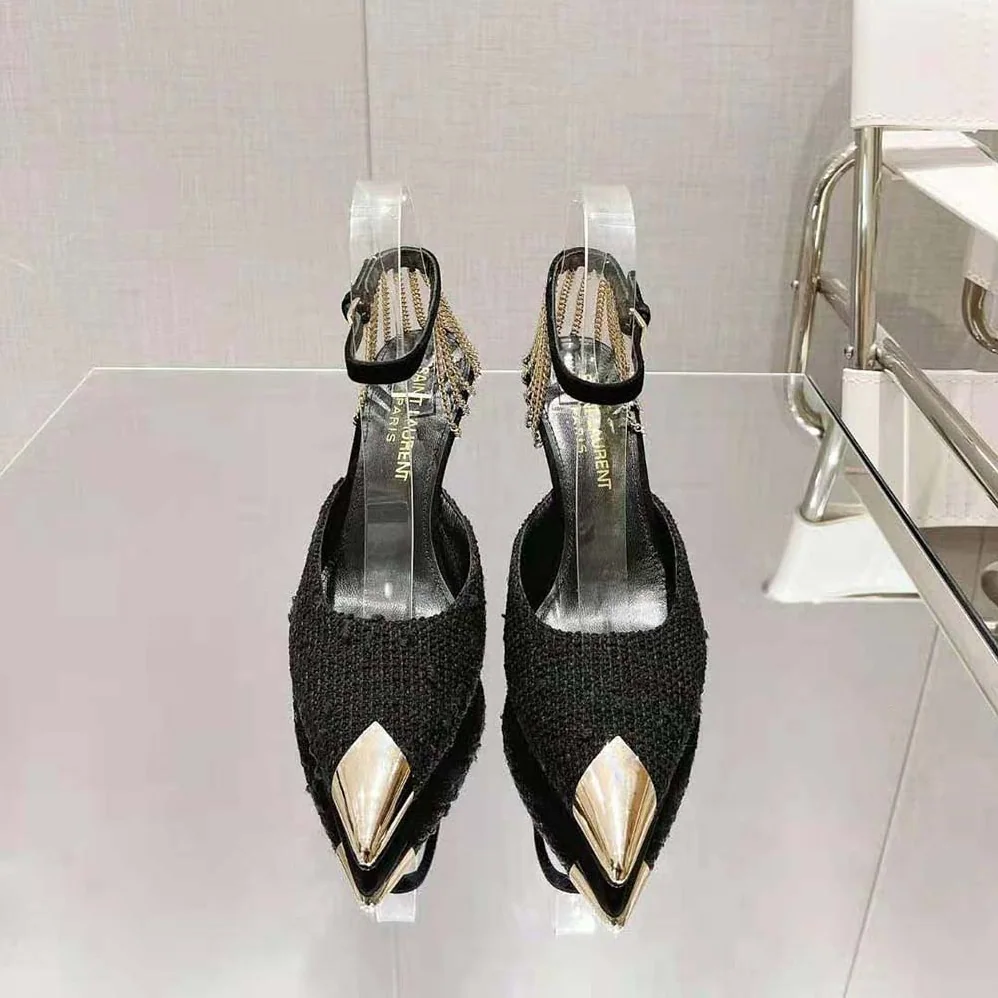 Saint Laurent YSL Sling Chain Pumps in Boucle Tweed for Women Saint Laurent YSL Sling Chain Pumps in Boucle Tweed for Women