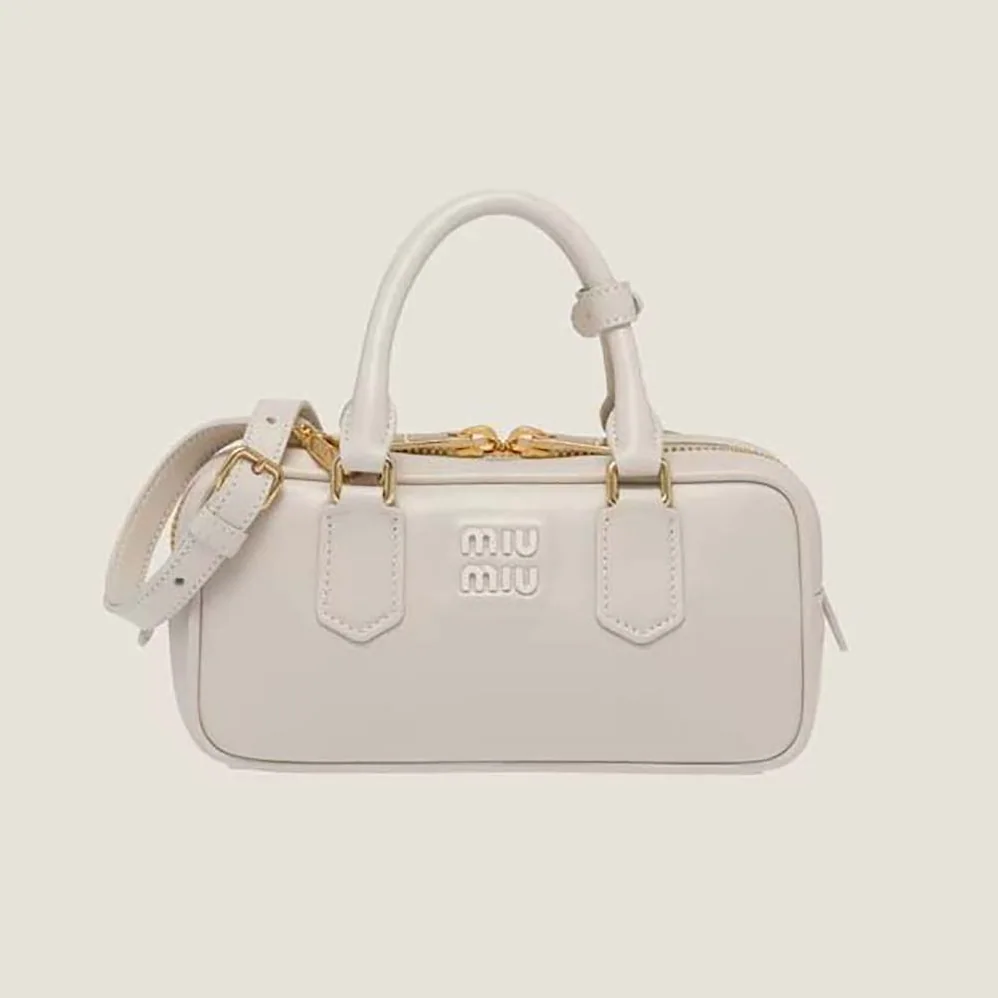 Miu Miu Arcadie Leather Bag with Metal Lettering Logo for Women in White Miu Miu Arcadie Leather Bag with Metal Lettering Logo for Women in White