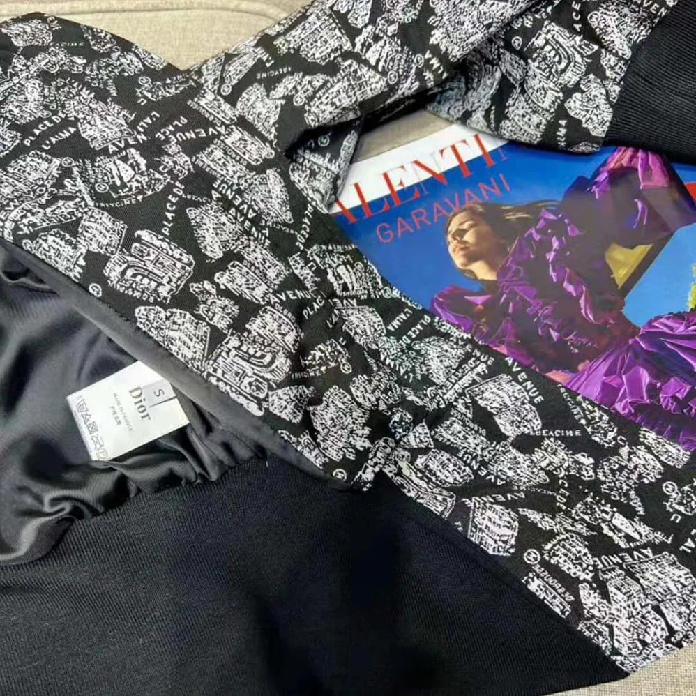 Dior Cropped Bomber Jacket Black and White Technical Taffeta Jacquard for Women