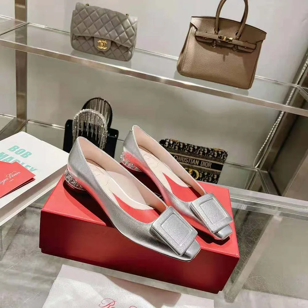Roger Vivier Strass Heel Covered Buckle Ballerinas in Nappa Leather for Women in Silver