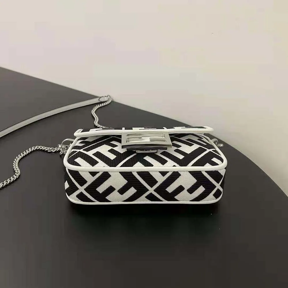 Fendi Baguette Mini White and Black Canvas Bag with FF Embroidery for Women Fendi Baguette Mini White and Black Canvas Bag with FF Embroidery for Women