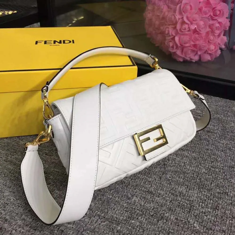Fendi Iconic Baguette Leather Bag in Medium Size for Women in White
