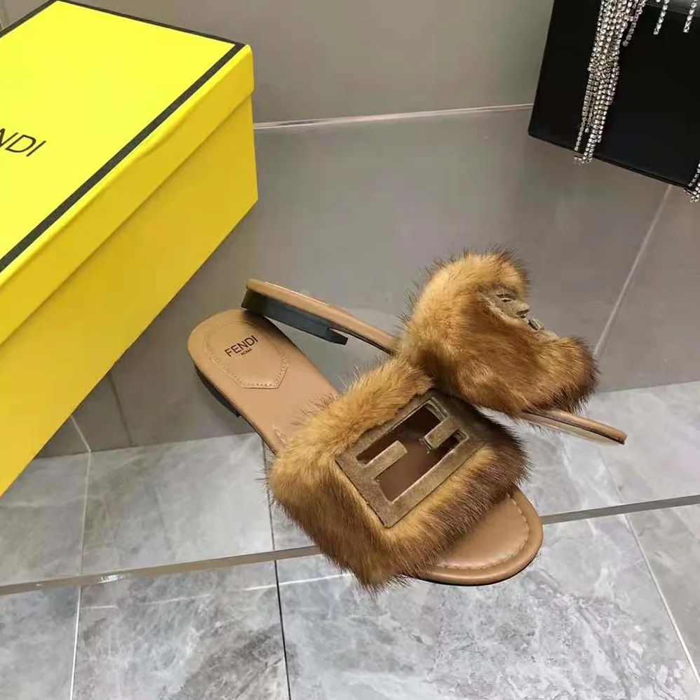 Fendi Signature Brown Mink Slides for Women