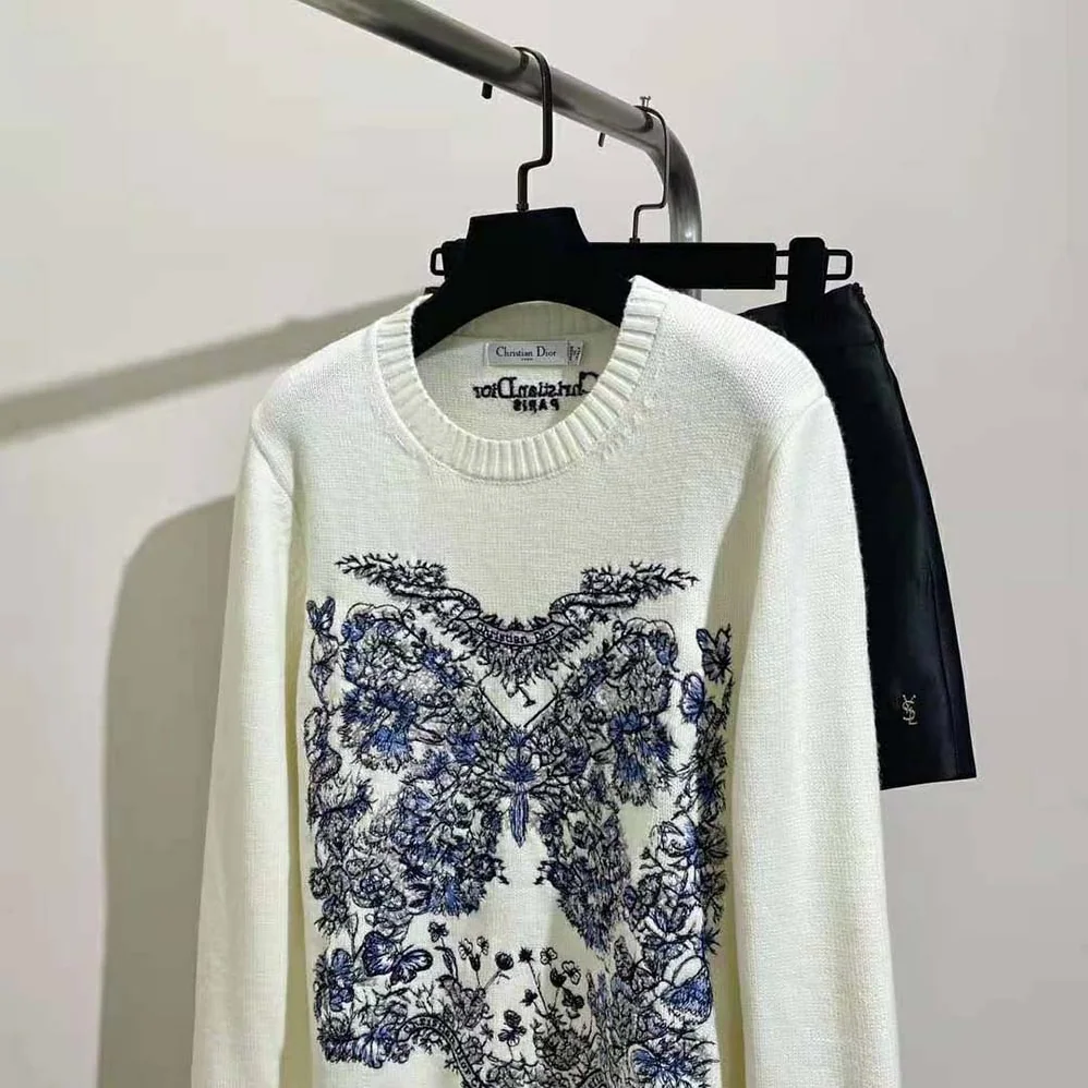 Dior Embroidered Sweater Ecru Cashmere Knit with Pastel Midnight Blue Butterfly Around The World Motif for Women