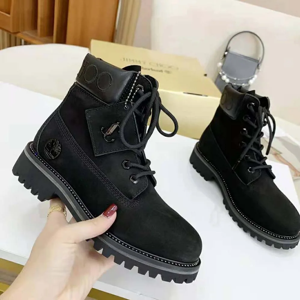 Jimmy Choo JC X Timberland/M Black Nubuck Leather Boots with Gunmetal Glitter for Women