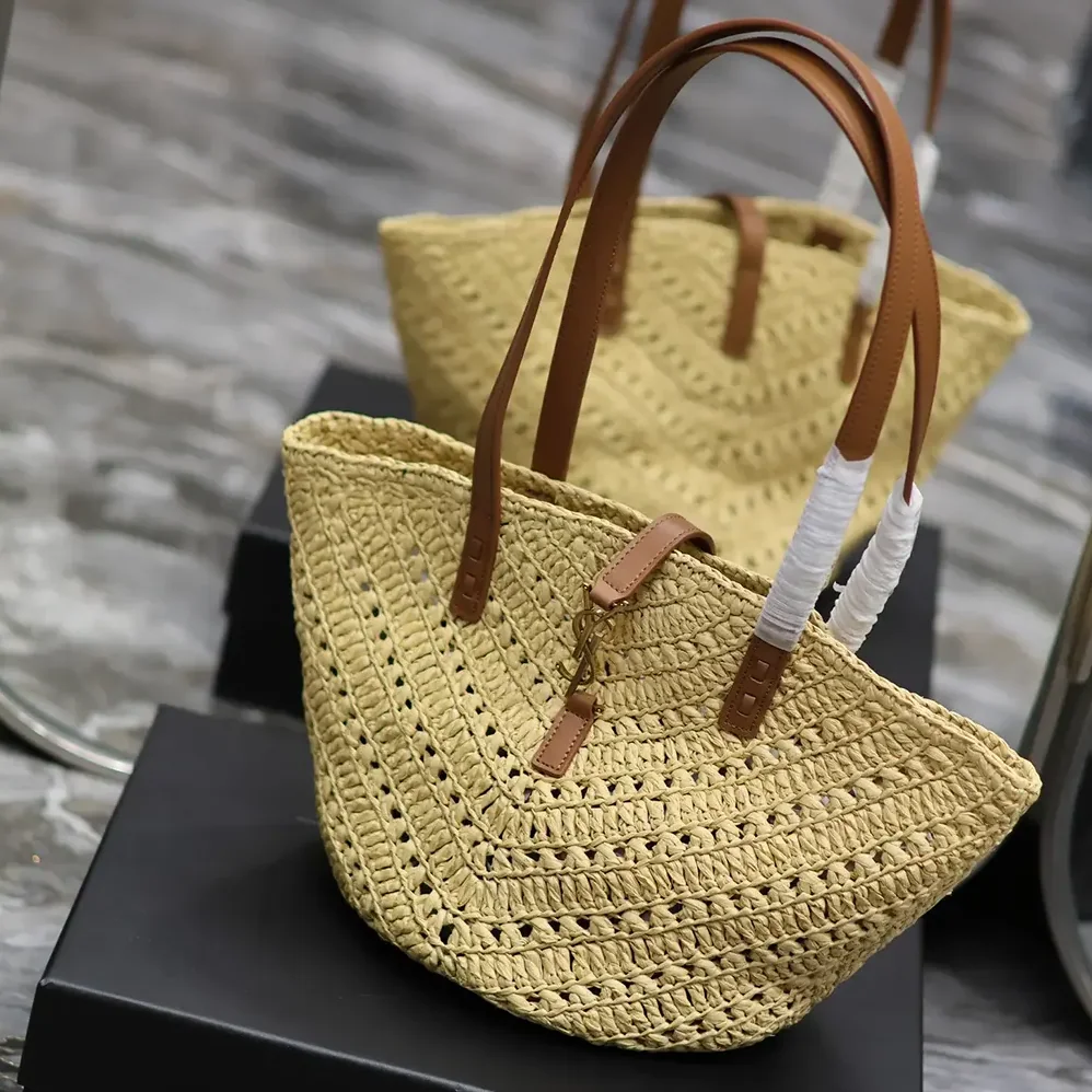 Saint Laurent YSL Panier Small in Raffia and Vegetable for Women in tanned Leather