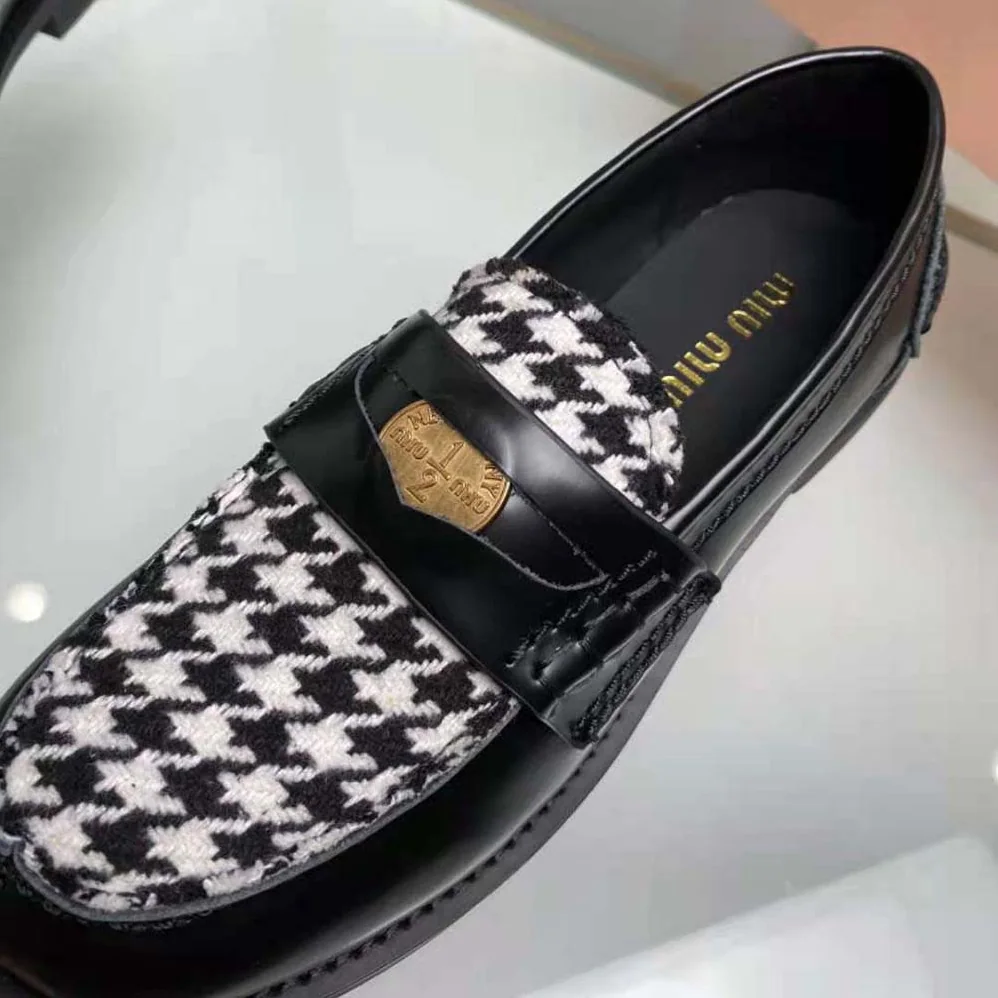 Miu Miu Brushed Leather and Gingham Check Fabric Loafers for Women