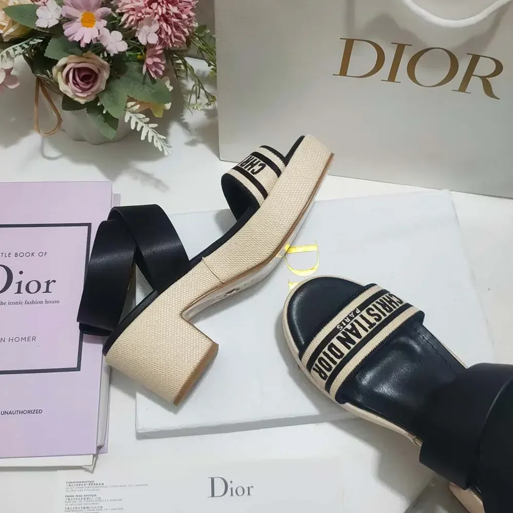 Dior Dioriviera Dway Heeled Sandal Natural Raffia with Black Calfskin and Embroidered Cotton for Women Dior Dioriviera Dway Heeled Sandal Natural Raffia with Black Calfskin and Embroidered Cotton for Women