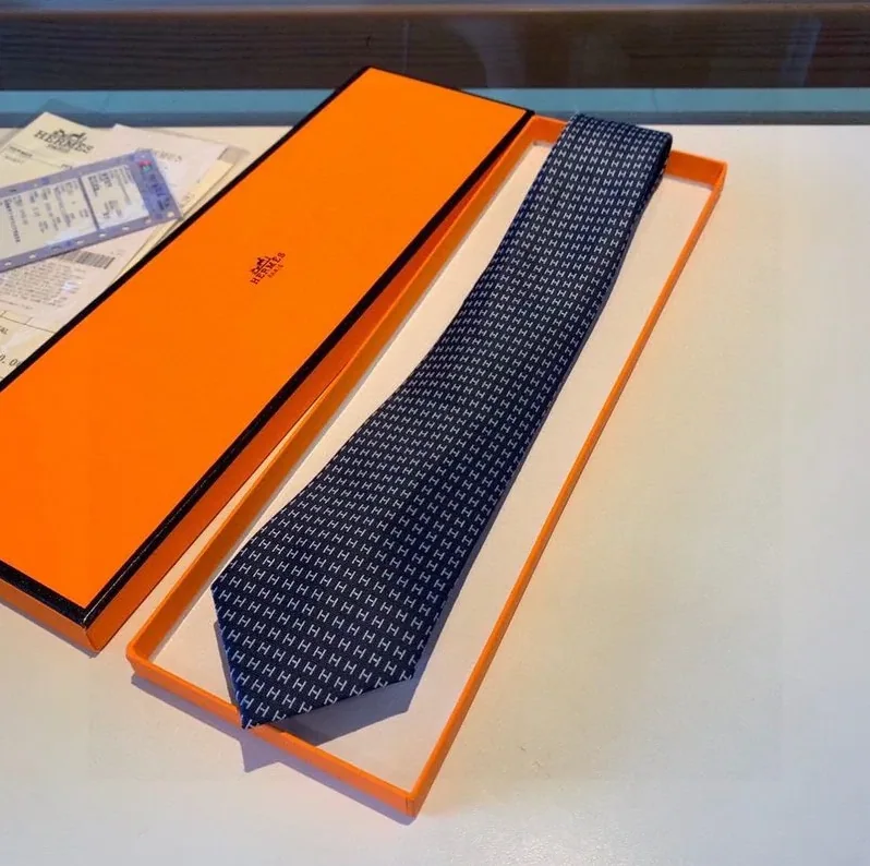 Hermes Faconnee H Bicolore Tie Marine/Bleu Hermes Tie 17 for Men
