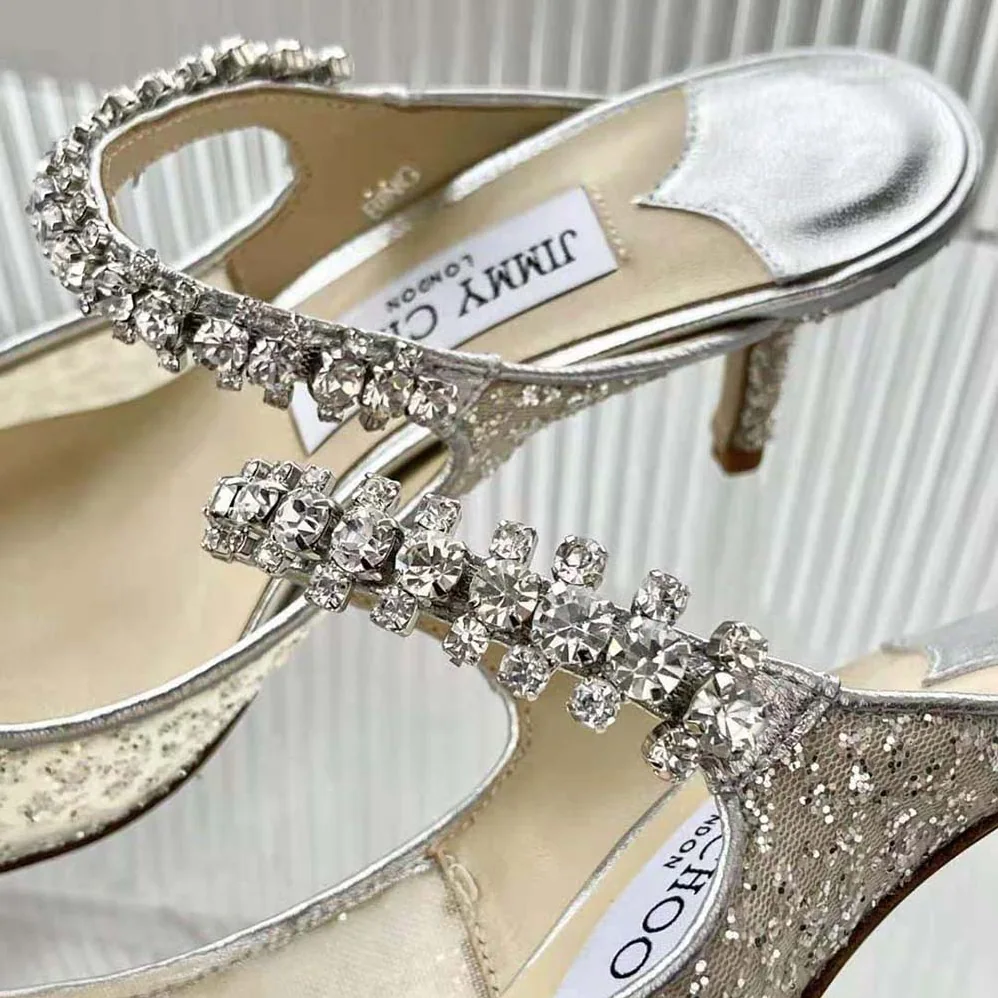 Jimmy Choo BING 100 Silver Glitter Tulle Mules with Crystal Strap for Women