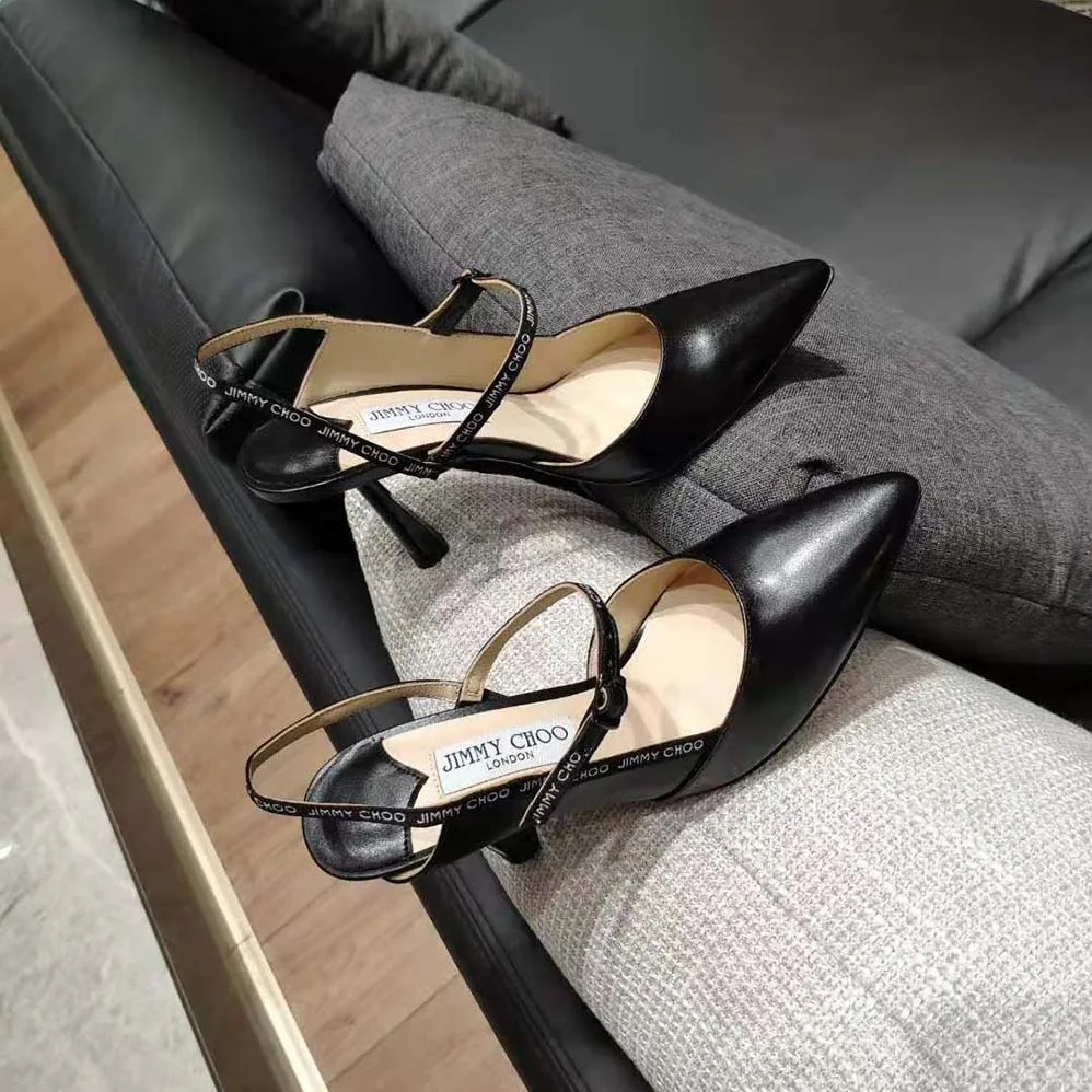 Jimmy Choo Ray 65 Black Nappa Leather Pointed Pumps with Logo for Women in Woven Ribbon