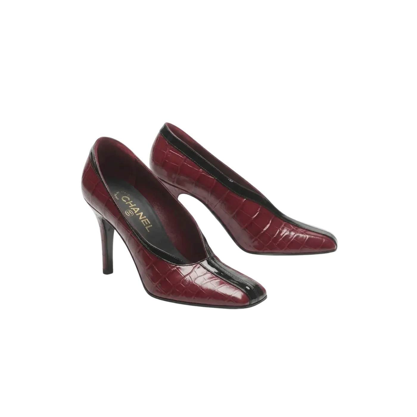 Chanel Crocodile Pumps Burgundy/ Black --U9719