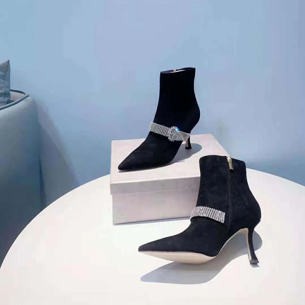 Jimmy Choo Kaza 90 Black Suede Shoe Booties with Crystal for Women in Embellished Strap