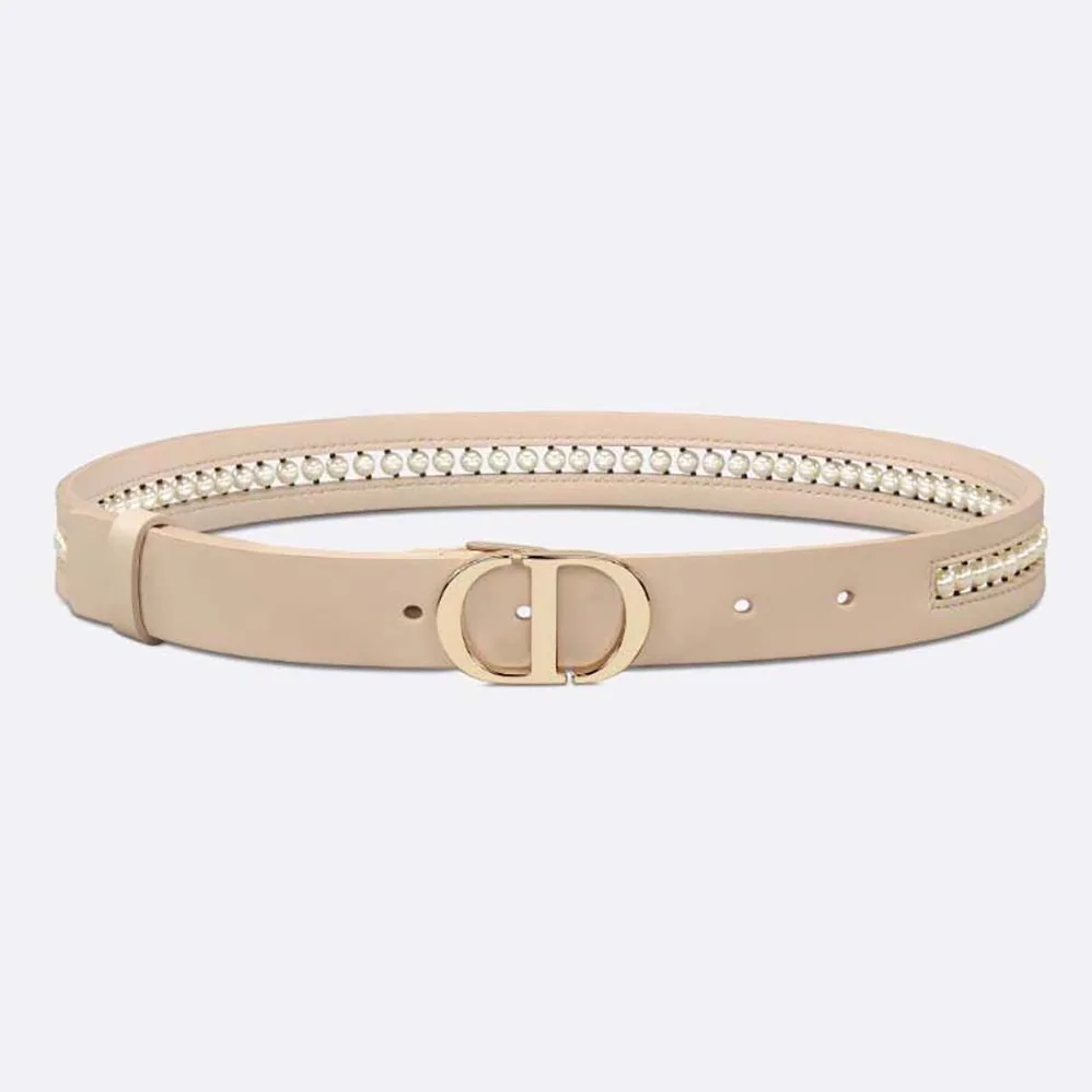 Dior 30 Montaigne Belt Aesthetic Beige Smooth Calfskin and White Glass Pearls 25 MM for Women Dior 30 Montaigne Belt Aesthetic Beige Smooth Calfskin and White Glass Pearls 25 MM for Women