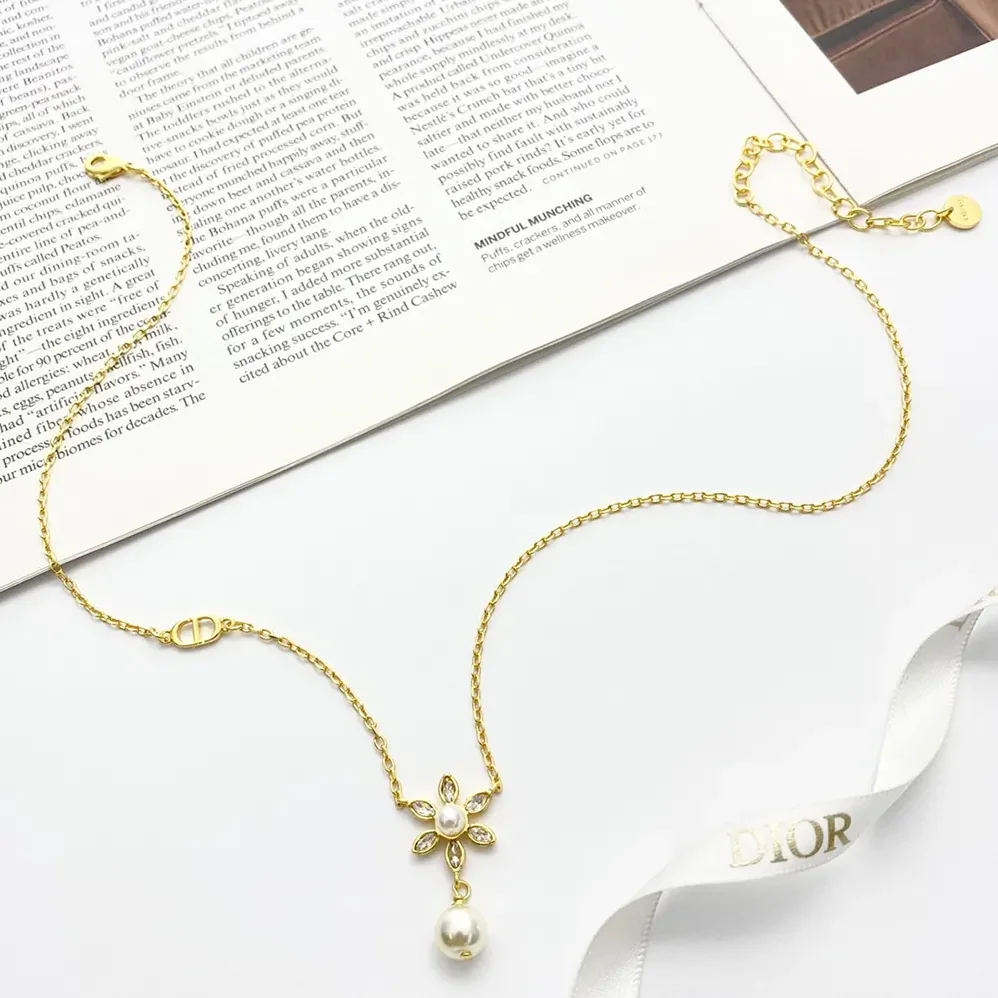Dior Bloom in Dior Necklace Gold-Finish Metal with White Resin Pearls and Silver for Women in Tone Crystals