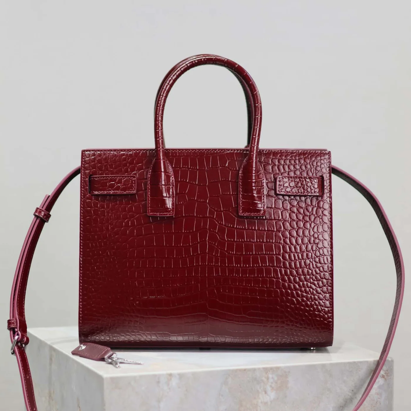 Saint Laurent YSL Sac De Jour in Embossed Crocodile Leather Baby for Women in Maroon Saint Laurent YSL Sac De Jour in Embossed Crocodile Leather Baby for Women in Maroon