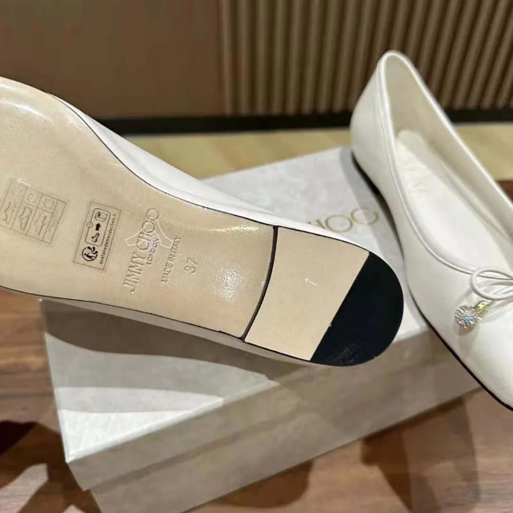 Jimmy Choo Elme Flat Latte Nappa Leather Flats with Pearl Embellishment for Women Jimmy Choo Elme Flat Latte Nappa Leather Flats with Pearl Embellishment for Women