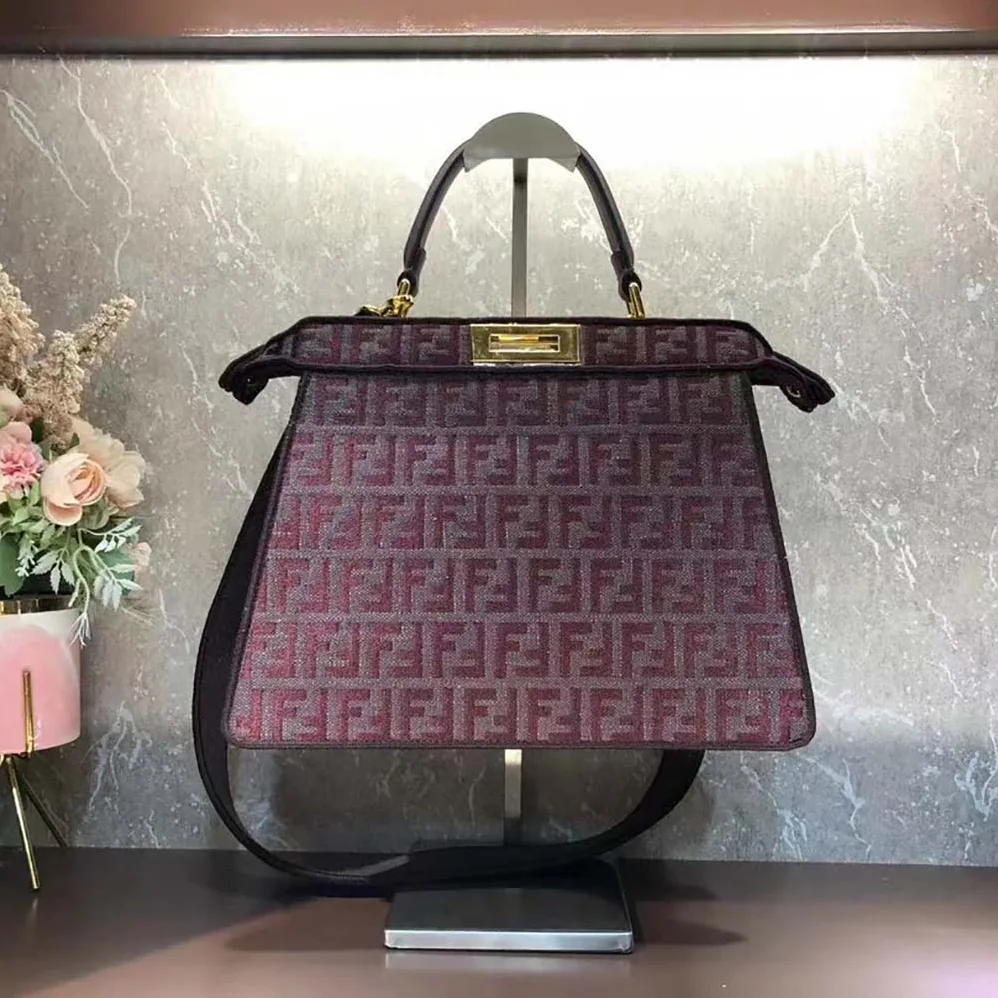 Fendi Peekaboo ISeeU Medium Maroon FF Tapestry Fabric Bag for Women Fendi Peekaboo ISeeU Medium Maroon FF Tapestry Fabric Bag for Women