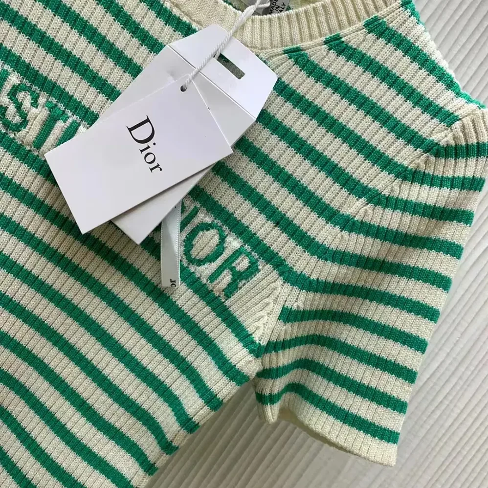 Dior Dioriviera Short-Sleeved Sweater White and Aquamarina Cotton Ribbed Knit for Women Dior Dioriviera Short-Sleeved Sweater White and Aquamarina Cotton Ribbed Knit for Women
