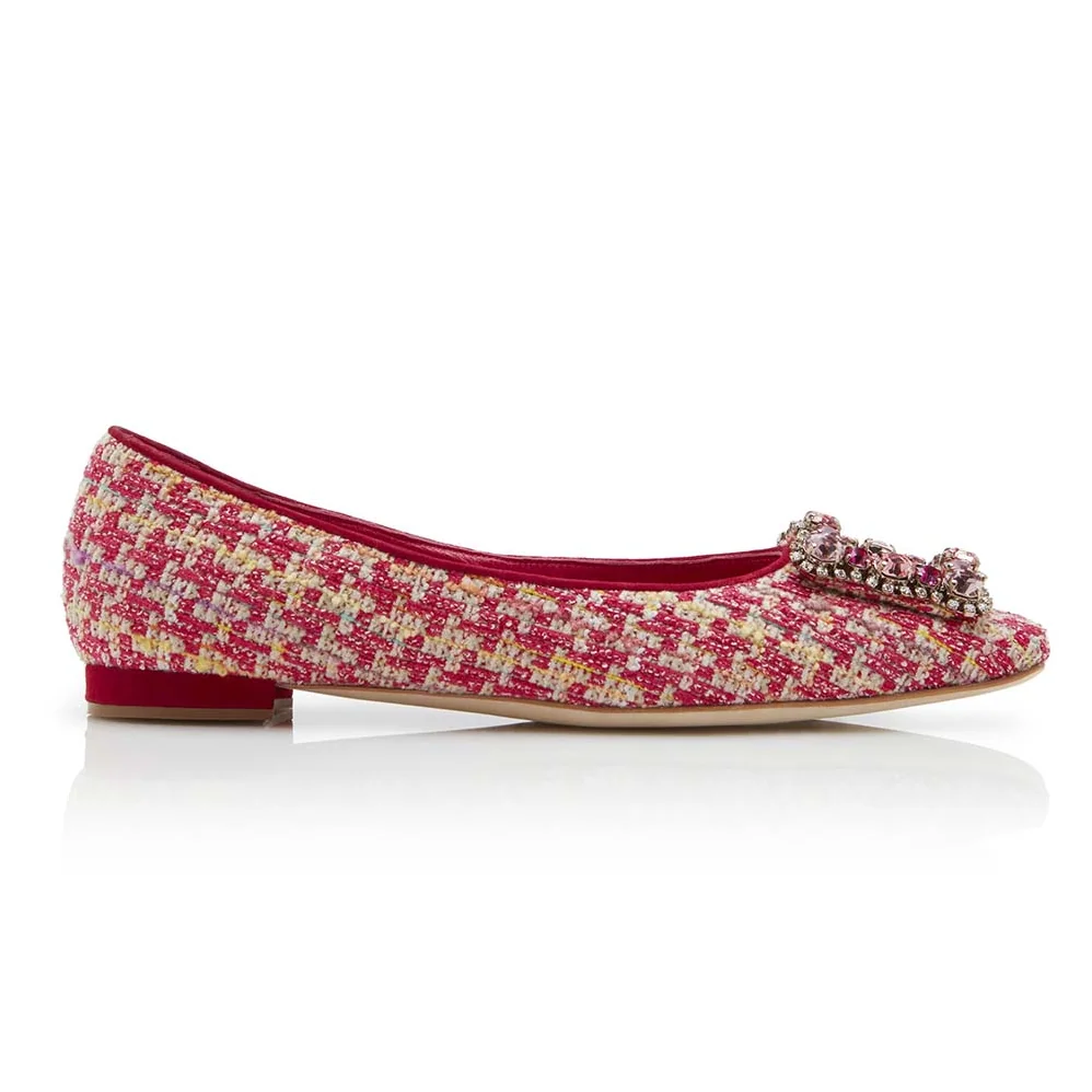 Manolo Blahnik Shoes Caza Pink Tweed Crystal Buckle Flats 10mm Heel for Women Manolo Blahnik Shoes Caza Pink Tweed Crystal Buckle Flats 10mm Heel for Women