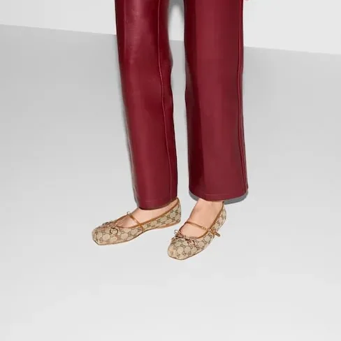 Gucci Horsebit Ballet Flats Beige in Dark Brown Canvas