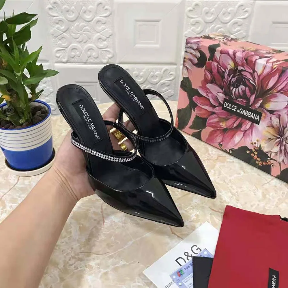 Dolce Gabbana D&G Polished Calfskin Mules with Embroidery for Women in Black Dolce Gabbana D&G Polished Calfskin Mules with Embroidery for Women in Black