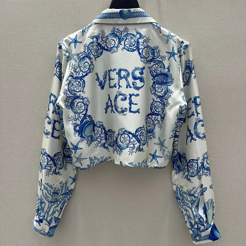 Versace Underwater Barocco Knotted Crop Cotton Shirt for Women