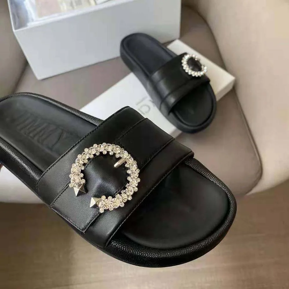 Jimmy Choo Fallon Black Nappa Leather Slides with Crystal Buckle for Women