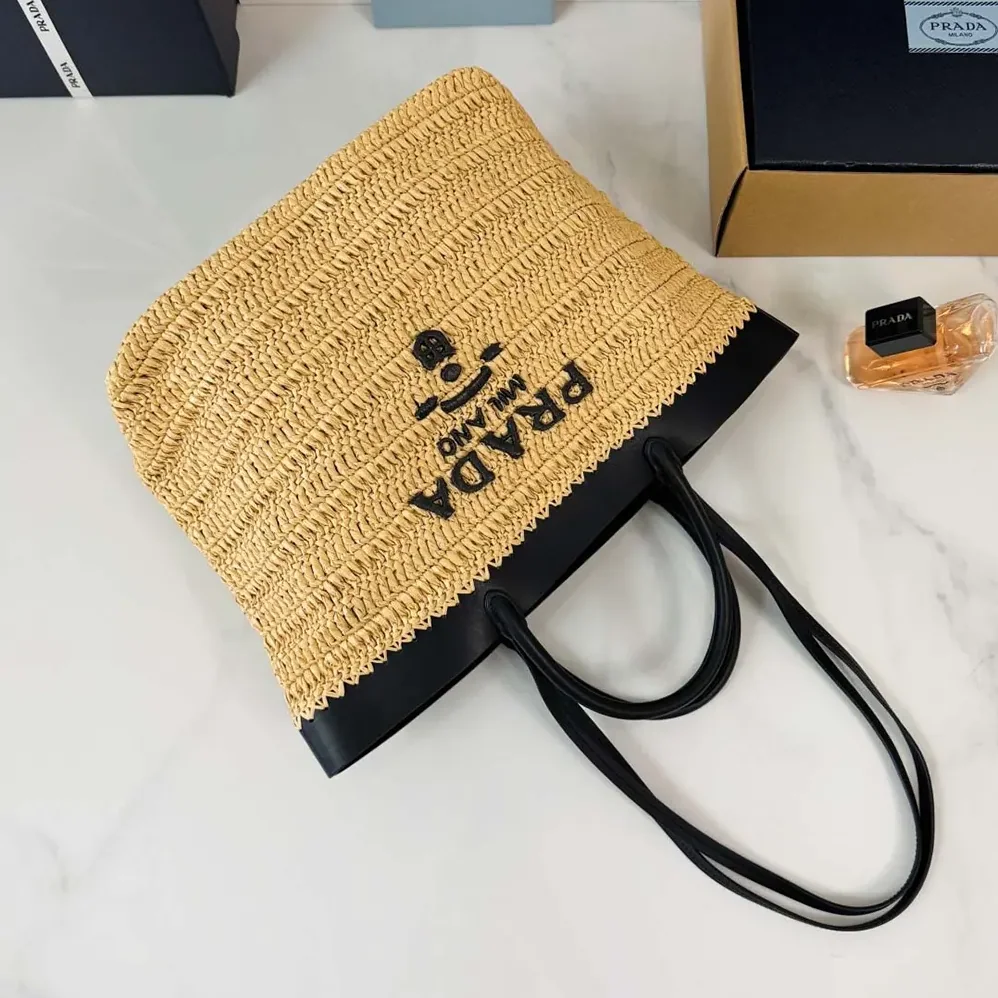 Prada Medium Crochet and Leather Tote Bag for Women in Black