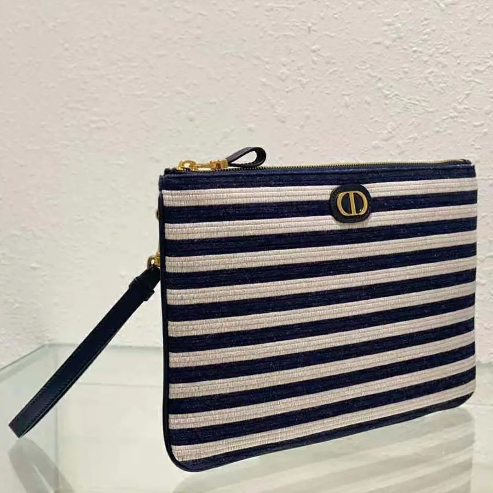 Dior Large Dior Caro Ddaily Pouch Natural and Denim Blue Marinière Raffia for Women
