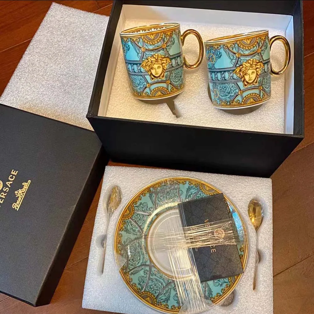 Versace Scala Del Palazzo Coffee Set Includes A Coffee Cup with Handle and A Matching Saucer for Unisex in Blue