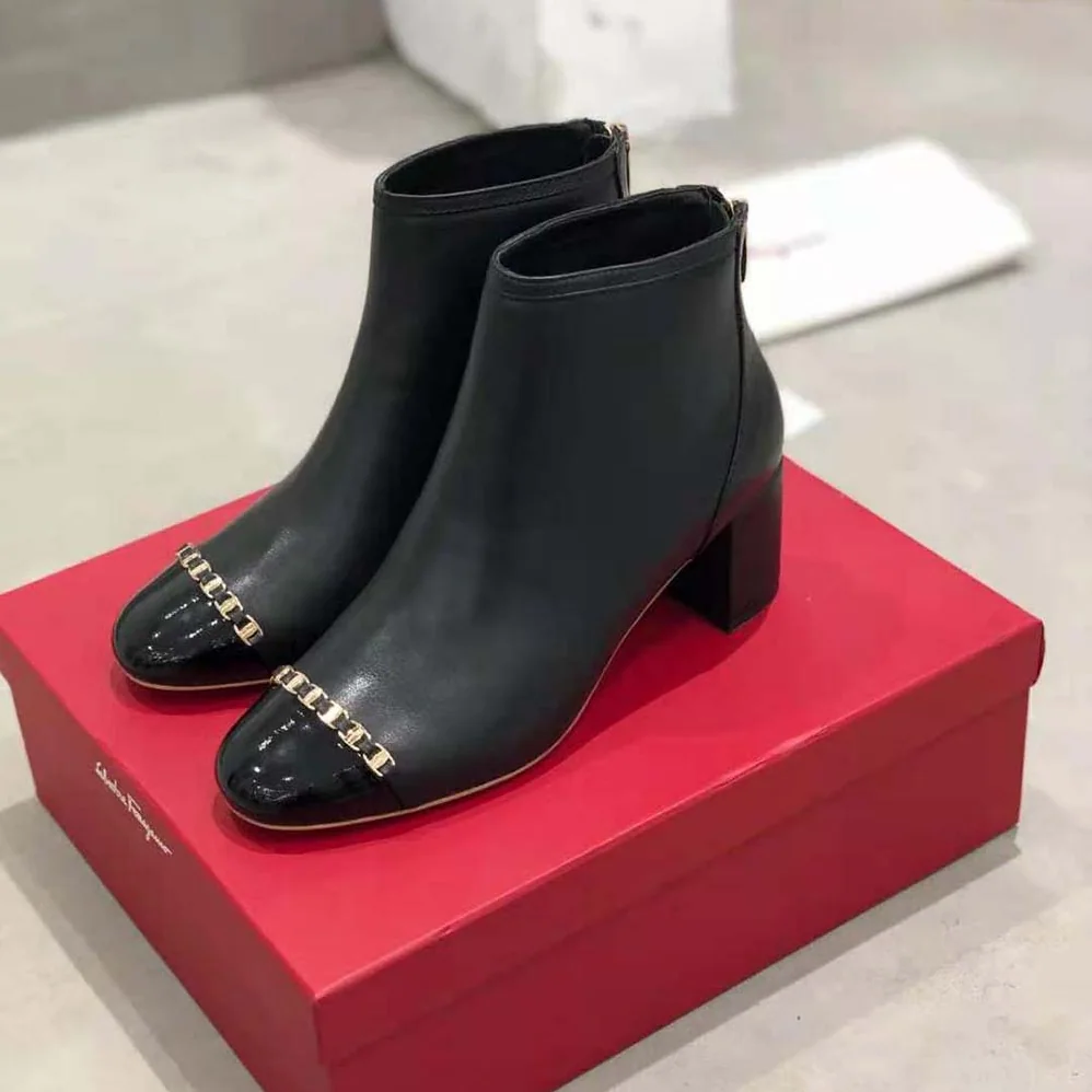 Salvatore Ferragamo Vara Chain Bootie in 70mm Heel for Women in Black