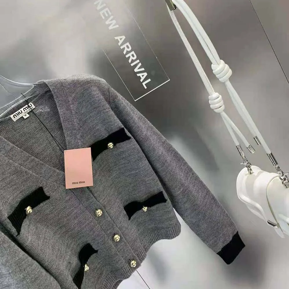 Miu Miu Cashmere Cardigan with Knit Logo Patch for Women in Gray