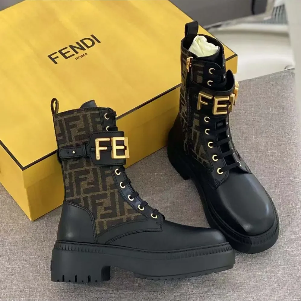Fendi Fendigraphy Black Leather Biker Boots with Stretch Fabric for Women Fendi Fendigraphy Black Leather Biker Boots with Stretch Fabric for Women