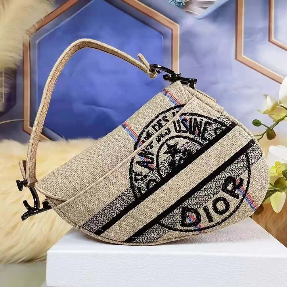 Dior Saddle Bag Beige Jute Canvas Embroidered with Dior Union Motif for Women