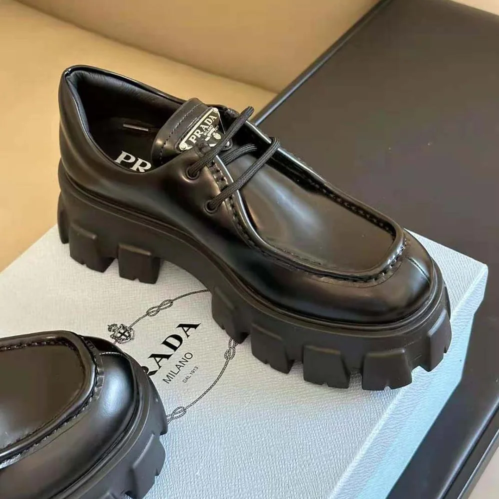 Prada Monolith Brushed Leather Lace-up Shoes for Women in Black Prada Monolith Brushed Leather Lace-up Shoes for Women in Black