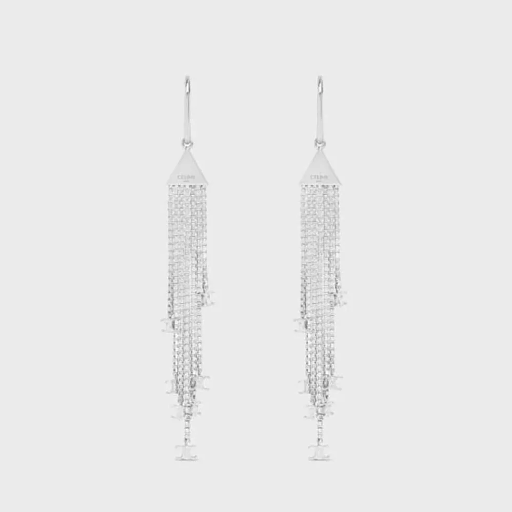 Celine Triomphe Folk Fringe Earrings in Brass with Rhodium Finish for Women Celine Triomphe Folk Fringe Earrings in Brass with Rhodium Finish for Women