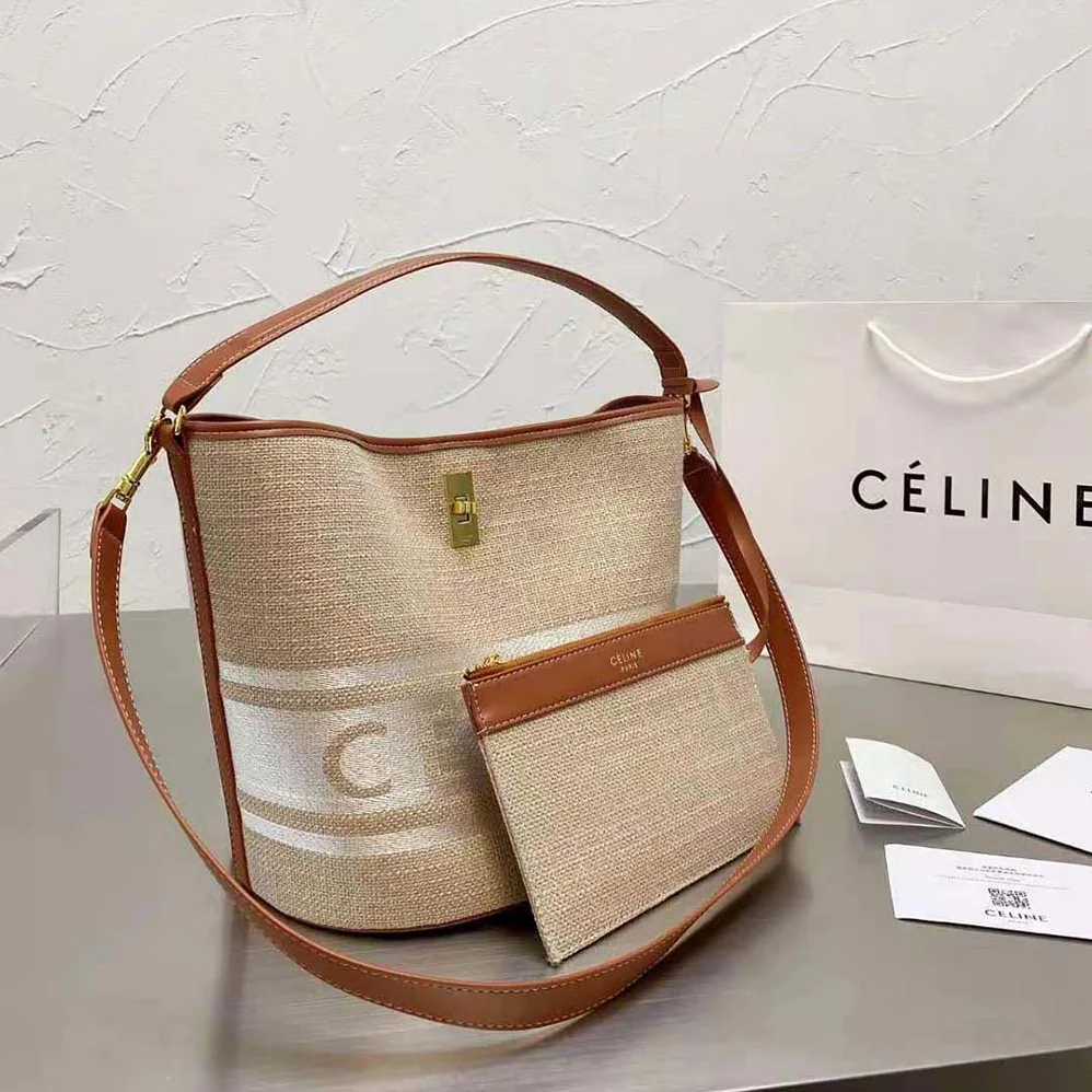 Celine Bucket 16 Bag in Textile with Celine Logo and Smooth Calfskin for Women