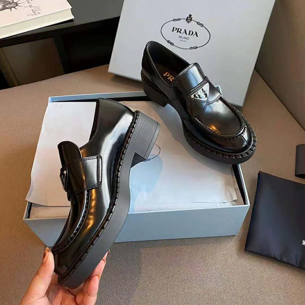 Prada Brushed Leather Loafers for Women in Black
