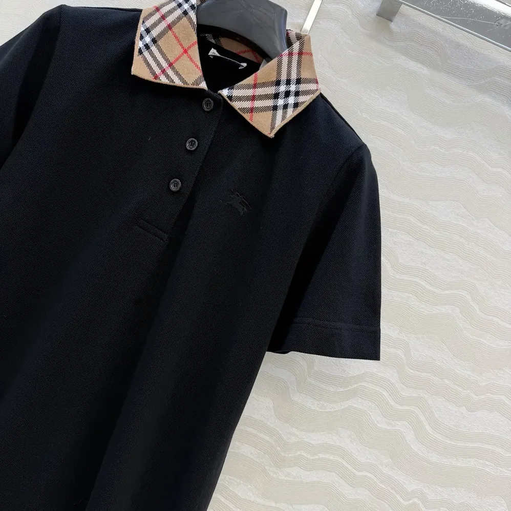 Burberry Check Collar Cotton Polo Shirt Dress for Women in Black